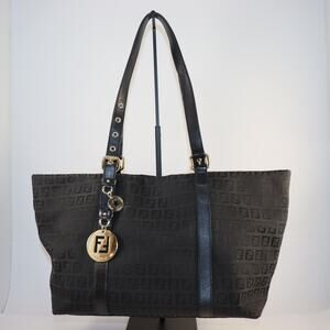 Fendi Black Zucca Canvas Tote Bag with Leather Straps & Charm